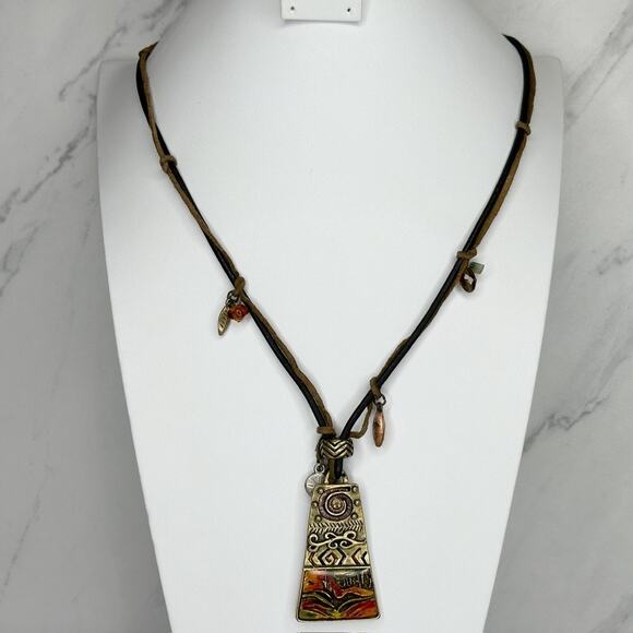 Vintage Chico's Boho Geometric Pendant Leather Cord Statement Necklace ✨ - Picture 1 of 10